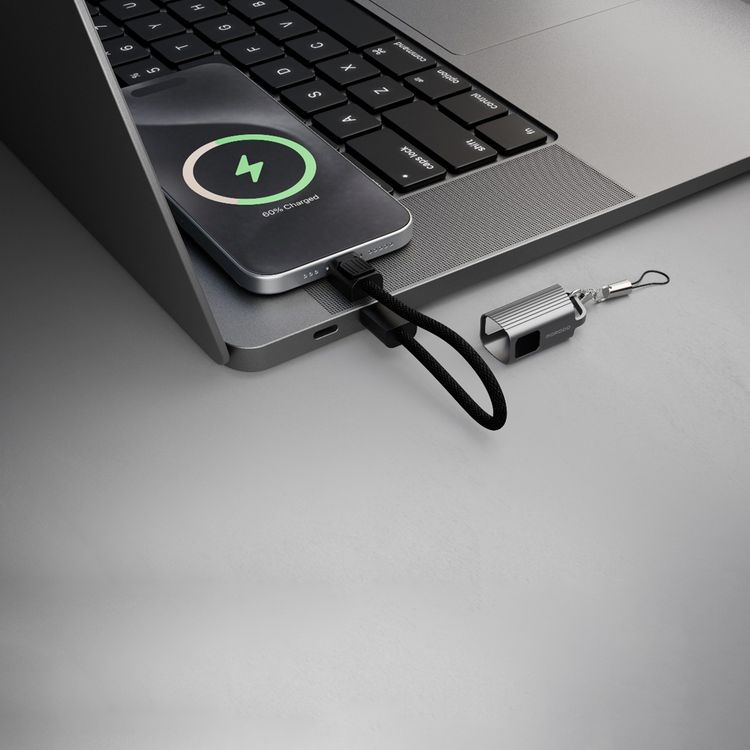 Porodo Chargeloop Keychain USB-C to Lightning Data Cable with 30W PD Output, 480Mbps Data Transfer Rate, 20cm Cable Length, Durable Zinc Alloy & Nylon Braided Material, High-Speed Charging, Compact Design - Black