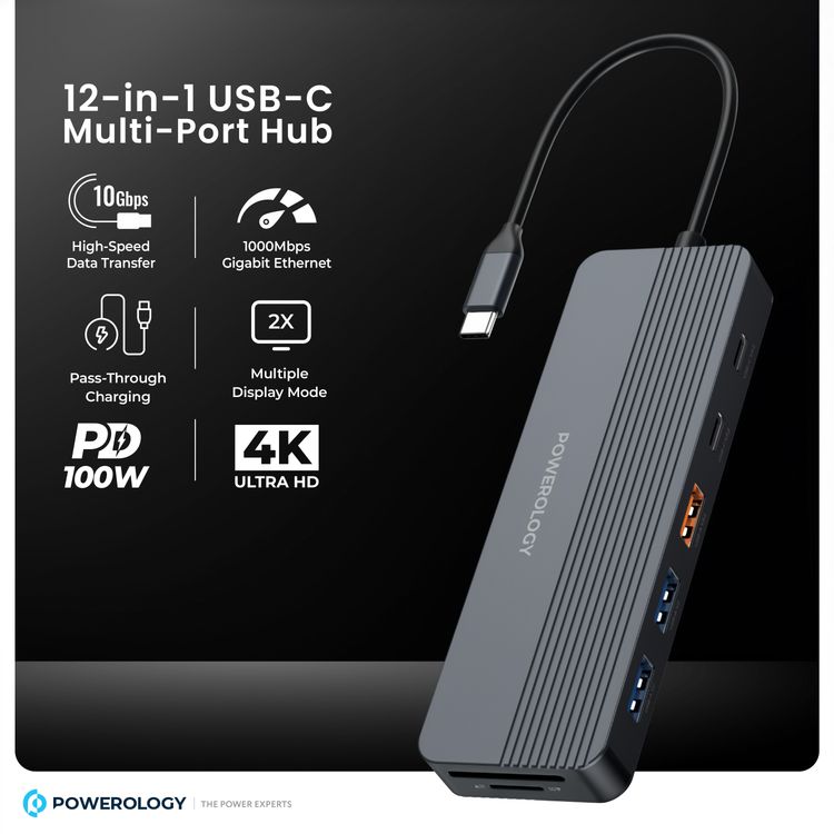 باورولوجي محور USB-C متعدد المنافذ 12 في 1 مع وضع عرض متعدد، توافق عالمي، شحن مرور، توصيل وتشغيل، مخرج فيديو مزدوج، تصميم مدمج من الألومنيوم.