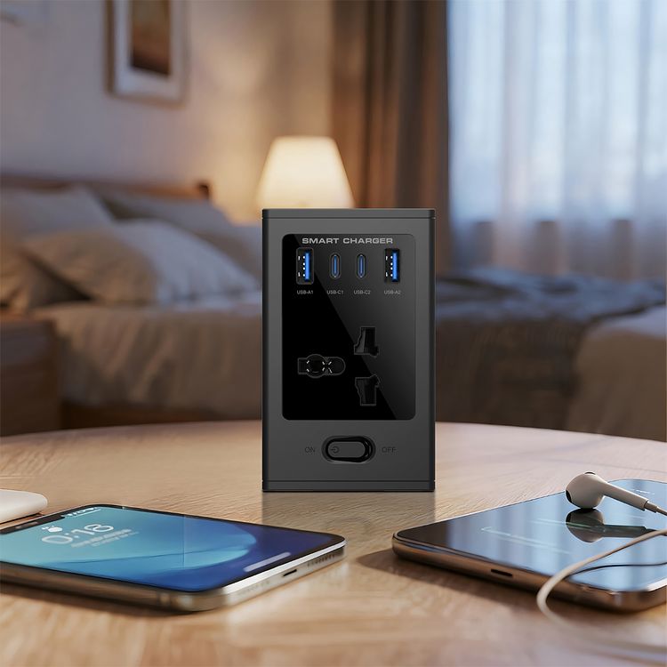 Porodo Universal GaN Multi-Port Cube Adapter with 2500W Rated Power, 100-250V Input Voltage, Four AC Sockets, Dual USB-C, Dual USB-A, Simultaneous Charging - Black