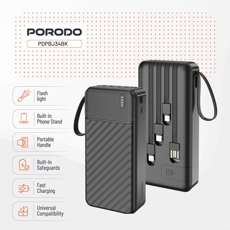 Porodo Piano 20000mAh Power Bank with Flashlight, Portable Handle, Phone Stand, 4 Integrated Cables, USB-A & USB-C & Micro Ports, Fast Charge Support, Universal Compatibility - Black