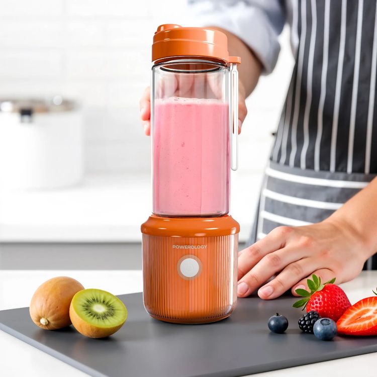 Powerology Press & Refresh Portable Blender with 450mL Capacity, 126W Motor Power, Sharp Steel Blades, Leakproof, BPA-Free Material, 16500RPM Motor Speed - Orange