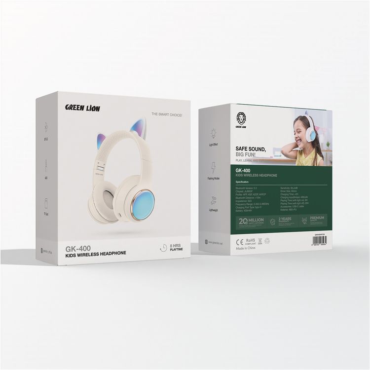 Green Lion GL-400 Kids Wireless Headphones with Light Effect & Flashing Modes, Up to 20 Hours Working Time, Bluetooth Version 5.3, Lightweight Design - Cream