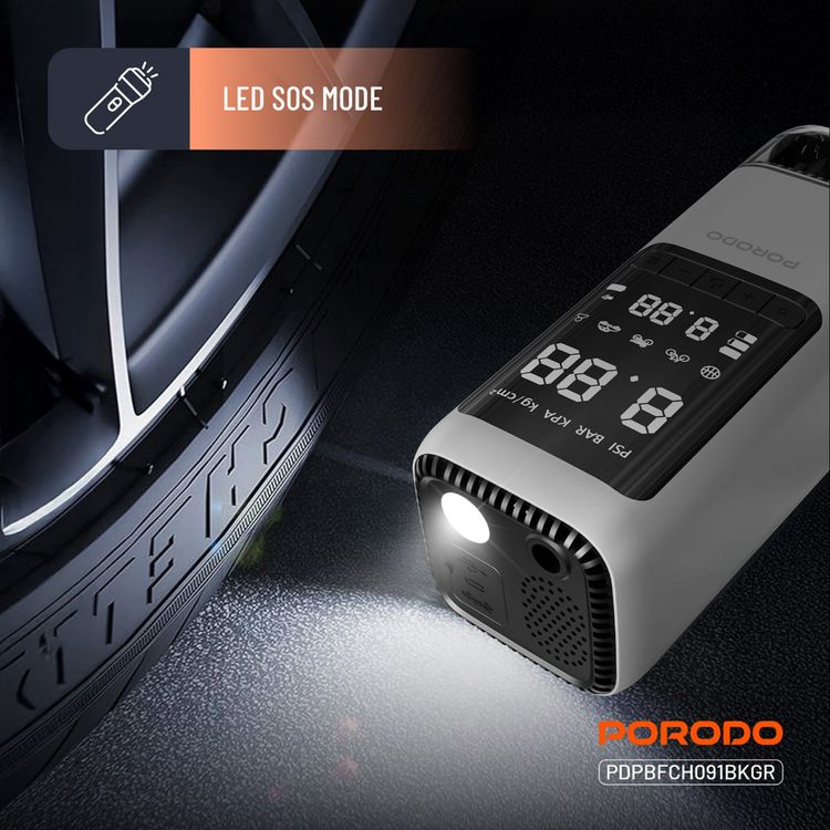 Porodo 6-in-1 Multifunction Power Tool with 8000mAh Power Bank, 1000A Jump Starter, 273m/s Blower, 5000Pa Car Vacuum, 200 Lumens LED Lights with SOS Mode, 22L/min Tire Inflator, 284m/s Suction Speed, 5000Pa Max Pressure, 1m USB-C Cable, 35cm Air Hose Length - Black / Gray