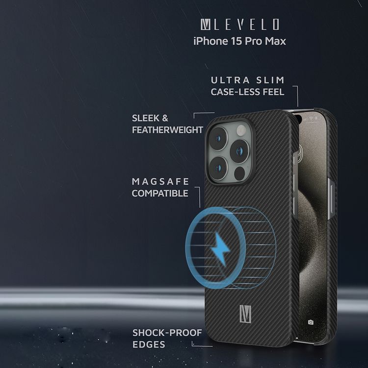  Levelo Sergei 1500D Aramid Fiber Case for iPhone 15 Pro Max, MagSafe Compatible, Shock-Proof Edges, Slim & Lightweight Design - Black