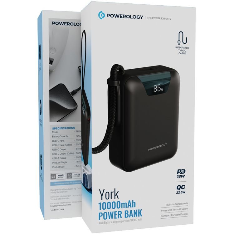 Powerology York 10000mAh Power Bank with PD 18W, QC 22.5W, Integrated Type-C Cable, USB-A & USB-C Ports, Fast Charge Support, Simultaneous Charging, Digital Battery Display - Black