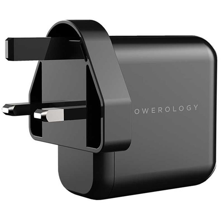 Powerology Compact 3-Output UK GaN Charger with 65W Power Delivery, Laptop Charging Compatibility, Reliable Companion, 0%-60% Charge in 35 Minutes - Black