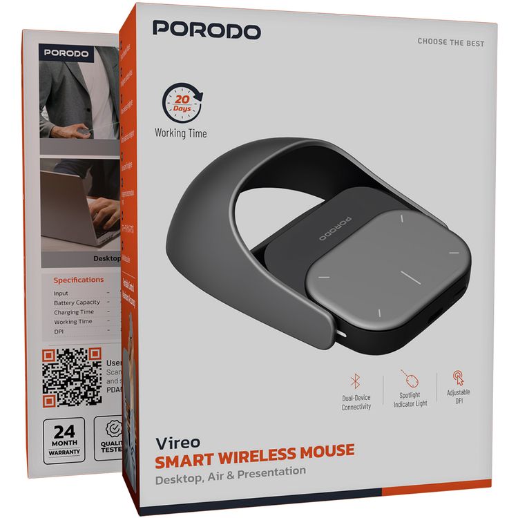 Porodo Vireo Smart Wireless Mouse for Desktop & Presentation, Spotlight Indicator Light, Adjustable DPI, 450mAh Battery Capacity, 2.5 Hours Charging Time, 20 Days Working Time, Bluetooth Version 5.0, Windows & MacOS Compatibility - Gray