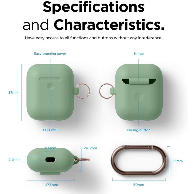 Elago Silicone Case with Anti-Lost Keychain Compatible with Apple AirPods 1/2 Wireless Charging Case, Front LED Visible, Anti-Slip Coating Inside, Premium Silicone - Pastel Green