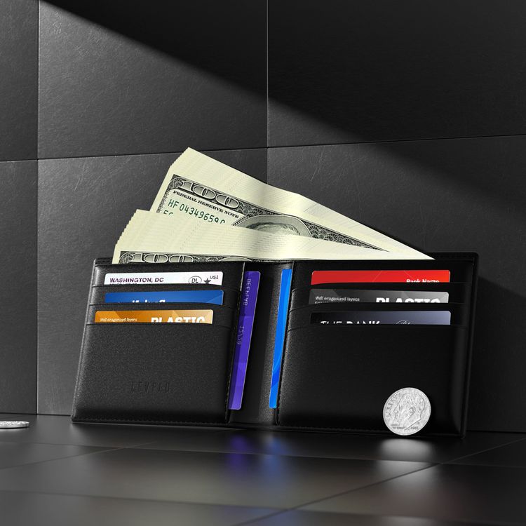 Levelo Billfold Men's Genuine Leather Wallet with Cash & Card Slots, Genuine Leather Material, Multiple Compartments, Lightweight & Compact Design - Black