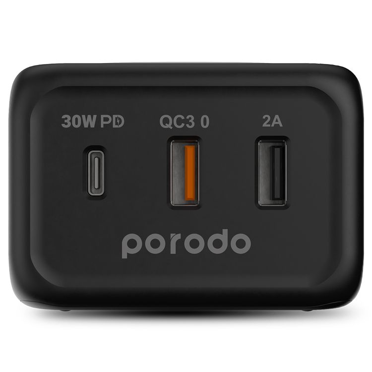 Porodo Triple Ports Fast Wireless Charger with 30W Power Delivery, Desktop Charging Compatibility, 15W Wireless Charging, Overcurrent Protection, Fire Retardant Materials - Black
