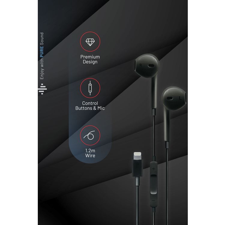 Porodo Soundtec Stereo Wired Earphones with 1.2m Lightning Cable Length, 3 Button Control, High-clarity Microphone, High Sound Quality and Deep Bass, Answer & Close Call - Black