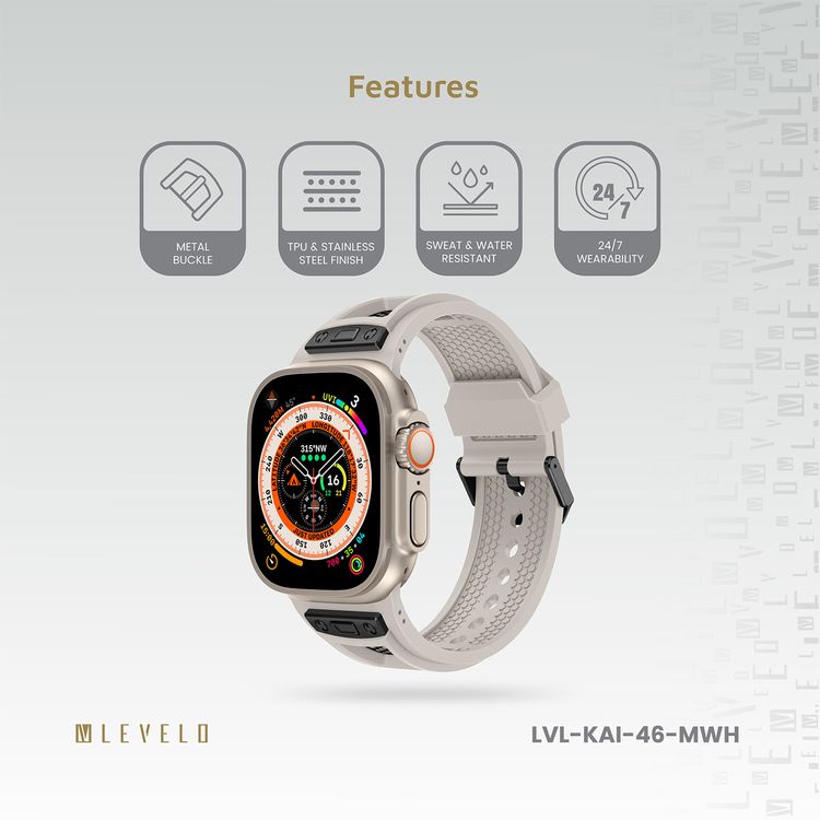 Levelo Kai Watch Strap, Apple Watch SE 9/8/7/6/5 (46/49mm), TPU + Metal Buckle, Hypoallergenic, 24/7 Wearability - Moonlight White