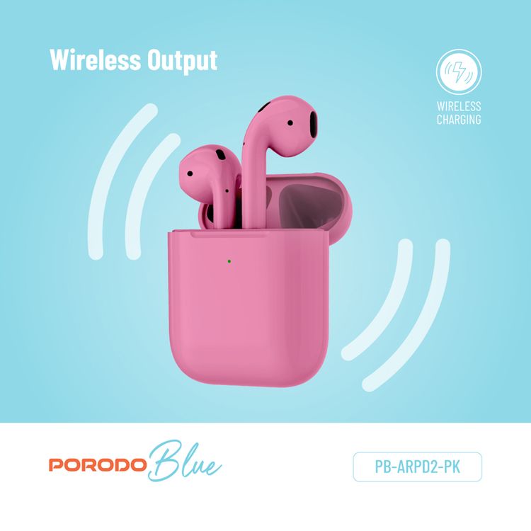 Porodo Blue Deep Bass Wireless Earbuds 2, One-Step Pairing, Comfortable Fit, Independent Earbuds, Touch Control, Deep Bass - Pink