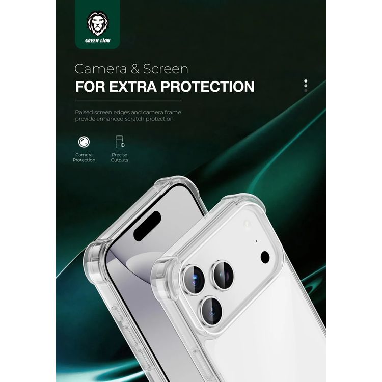Green Lion Anti-Shock Case for iPhone 17 Pro, HD Clarity, Anti-Scratch, Air Cushion, Drop Protection, Hybrid Protection, Camera Protection, Comfortable Grip - Clear