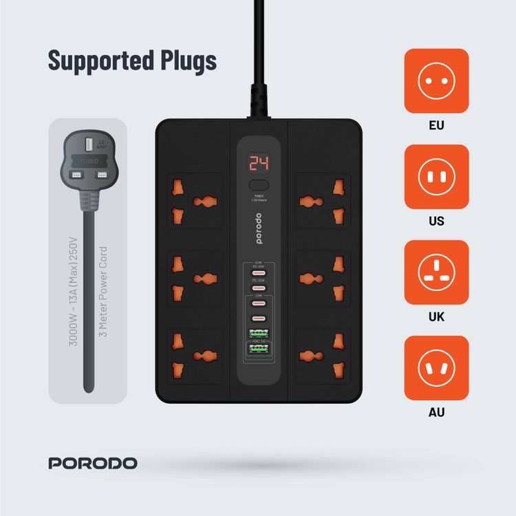 Porodo Multi-Port Super HUB Ultimate Home & Office Kit with 4 USB-C & 2 USB-A, 3m Cable Length, Universal Sockets, Built-in Safeguard, Over-Heat Protection - Black