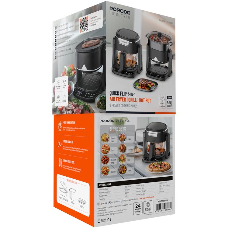 Porodo Lifestyle Quick Flip 3-in-1 Air Fryer, Grill & Hot Pot with 4.5L Capacity, 1200-1400W Rated Power, UK 3-Pin Plug, 360° Turbo Heat Technology, 100% Visible Glass Basket - Black