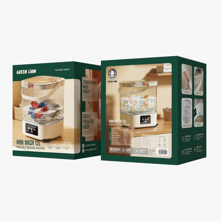 Green Lion Portable Mini Washing Machine with 12L Washing Capacity, Transparent Wash Bucket, Delicate Fabric Care, One-Button Open, Portable Carry Handle, Anti-Slip Base, Detachable Drain Basket, Fast Wash Cycles, Energy-Efficient Power, Multi-Scene Use, Clear Status Display - White
