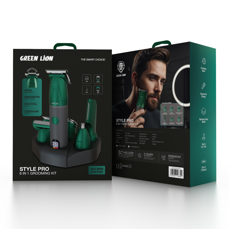 Green Lion Style Pro 6-in-1 Grooming Kit with Digital Display, Wet & Dry Trim, Charging Base, Ergonomic Design, Type-c Charging Port , Stainless Steel Blade - Green