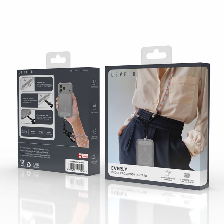 Levelo Everly Phone Crossbody Lanyard, 1.2m, Polyester Fiber, Metal Finish, Lightweight, Durable Material, Adjustable Straps, Universal Compatibility, Hypoallergenic Material - Orange / White