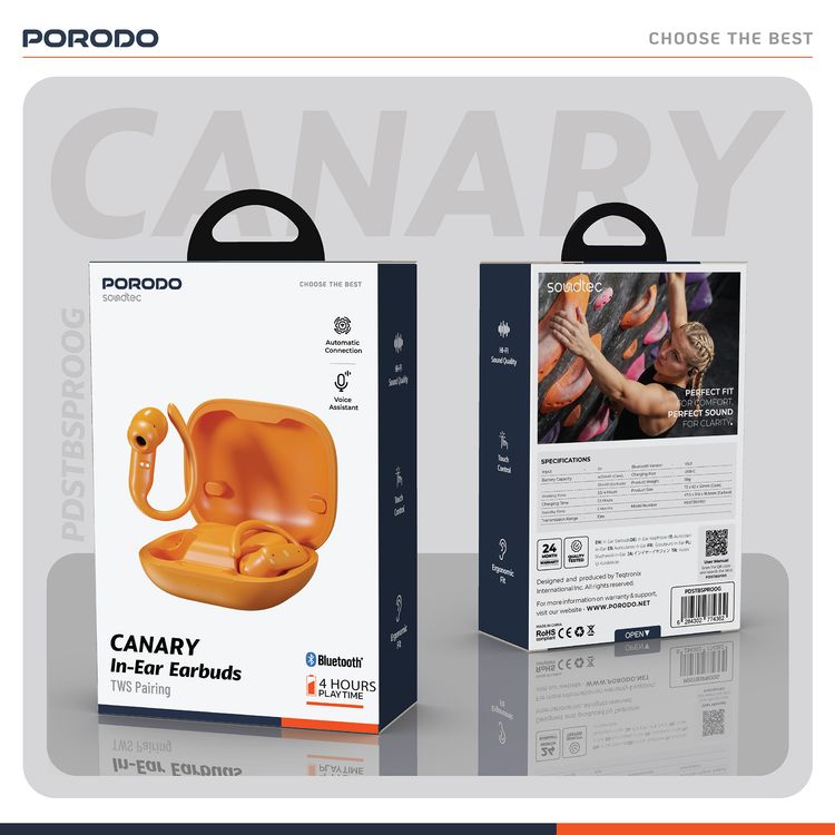 Porodo Soundtec Canary In-Ear Earbuds with 4 Hours Play Time, Automatic Connection, Voice Assistant, Hi-Fi Sound Quality, Touch Control, Ergonomic Fit, TWS Pairing, Bluetooth Version 6.0 - Orange 
