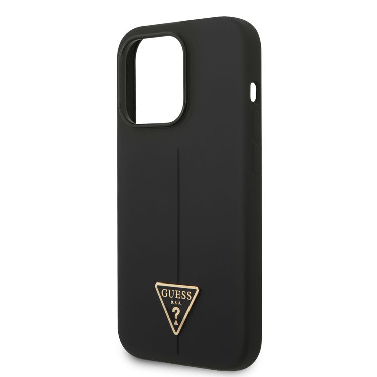 Guess Liquid Silicone Case with Shiny Line & Metal Triangle Tone Logo iPhone 14 Pro Compatibility - Black