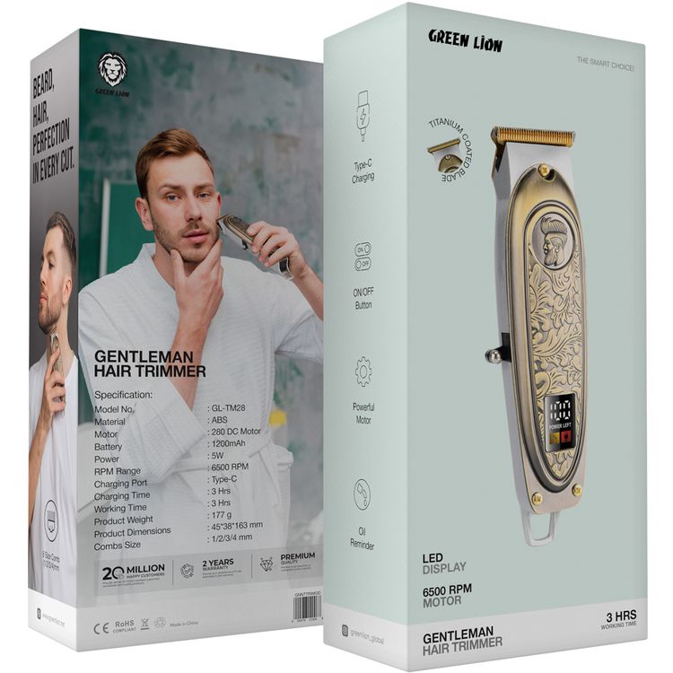 Green Lion Gentleman Hair Trimmer with 6500RPM Motor Speed, 1200mAh Battery Capacity, LED Display, 3 Hours Working Time, Blade Oil Reminder - Gold