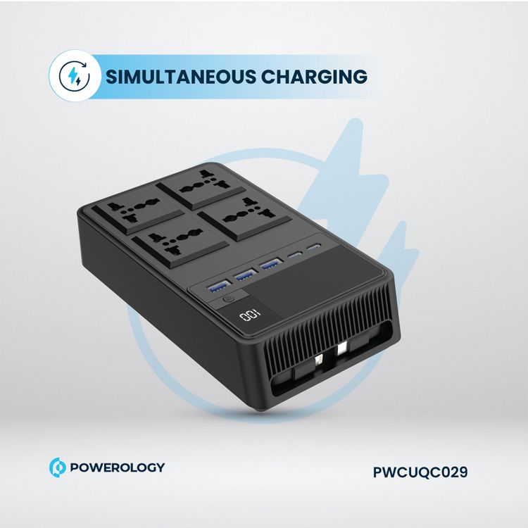 مشترك طاقة Powerology 2500 واط مع 4 مقابس تيار متردد وكابلات مدمجة قابلة للسحب، 5 منافذ USB، مخرجات USB-C وLightning، أدوات حماية مدمجة، مادة مقاومة للحريق، مؤقت 24 ساعة، شحن متزامن، طول الكابل 70 سم وطول سلك الطاقة 3 متر - أسود