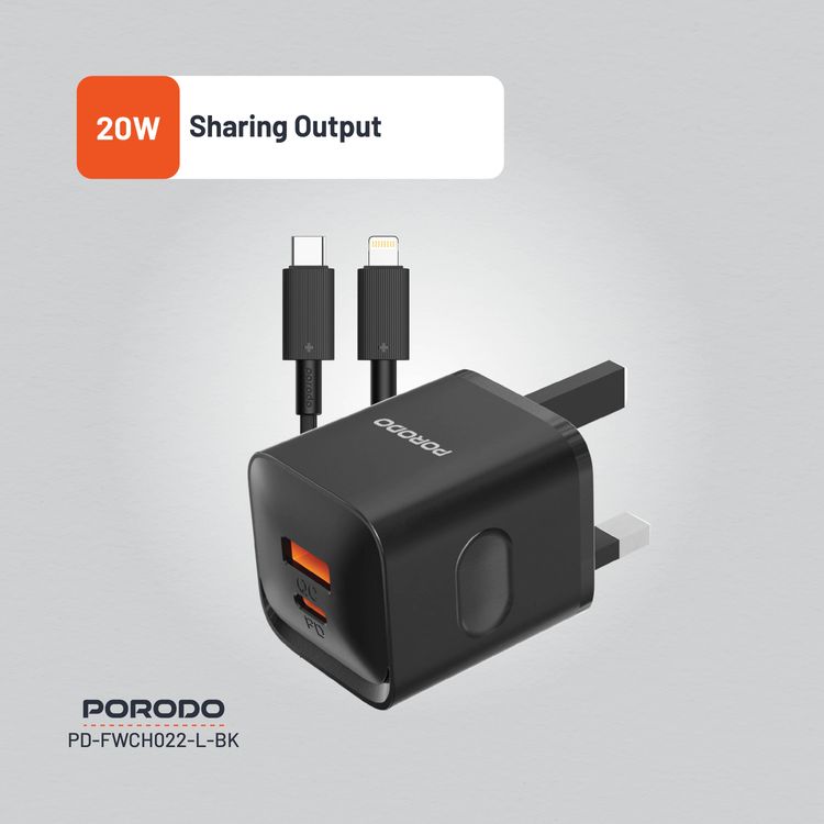 Porodo PD+QC 20W Wall Charger with Type-C to Lightning Cable, Dual Port, 1.2m Cable Length, UK Plug, Simultaneous Charging, Over-Heat Protection - Black 