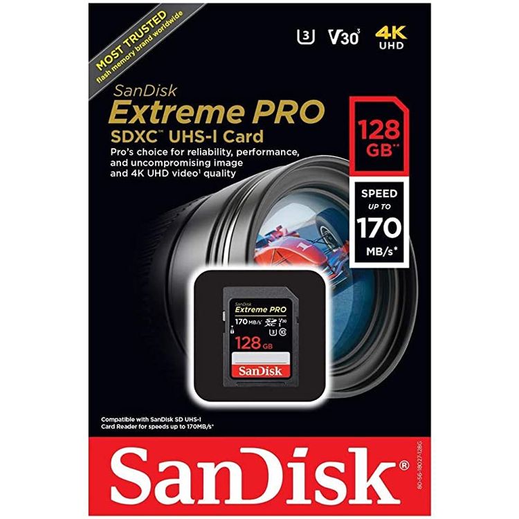 SanDisk 128GB Extreme PRO UHS-I SDXC Memory Card, SDSDXXY-128G-ANCIN - Black