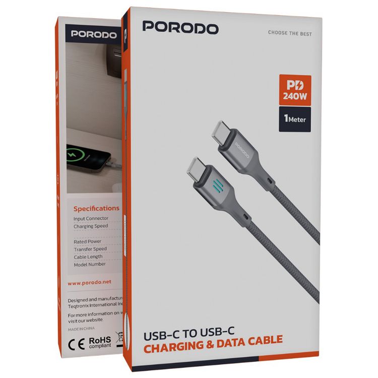 Porodo USB-C to USB-C Charging & Data Cable with 240W Power Delivery, 1m Cable Length, Braided Cable with Tangle-Free Design, 480Mbps Data Transfer Speed, Fast Charge - Gray