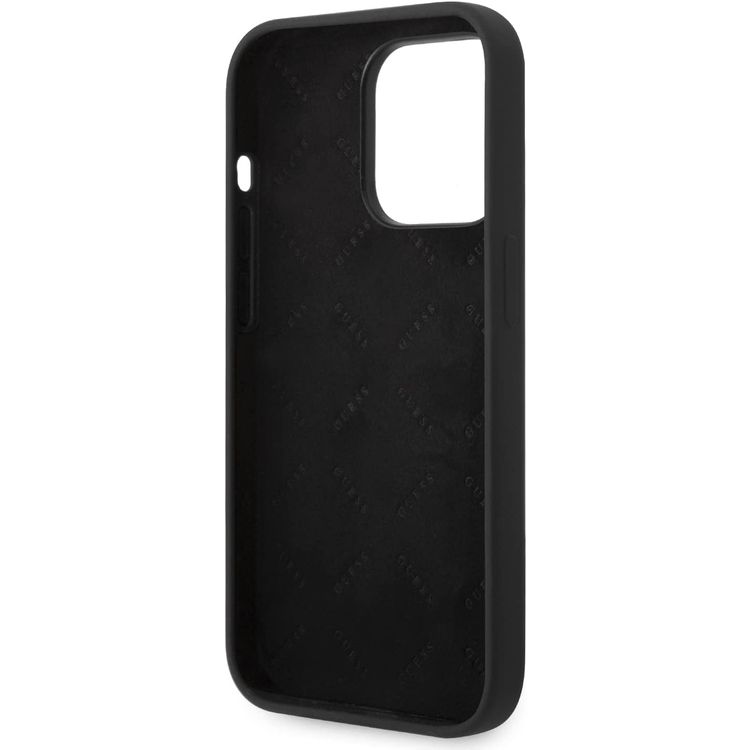 Guess Liquid Silicone Case With PC Camera Outline & Script Metal Logo - iPhone 14 Pro Max - Black