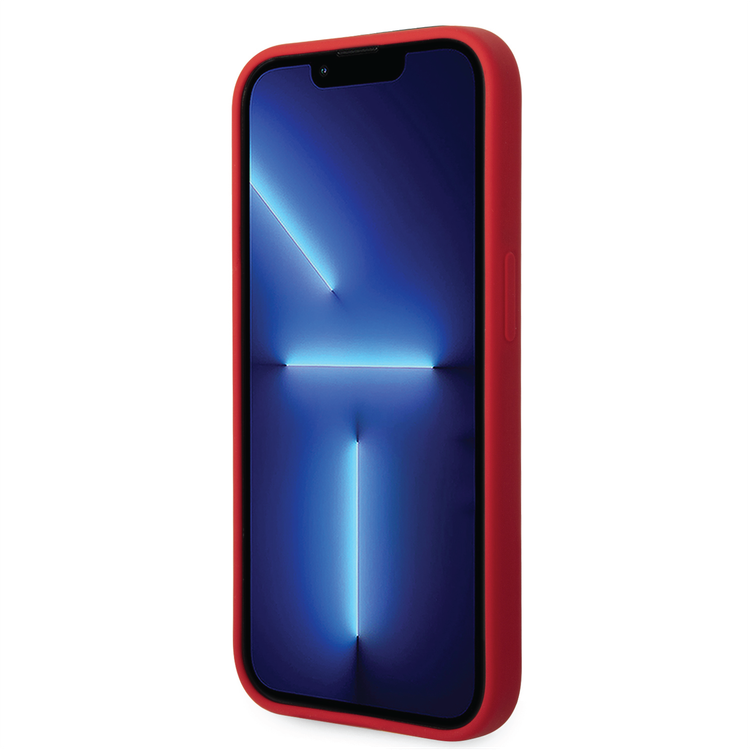Ferrari Liquid Silicone Case with Black Camera Outline & Metal Logo iPhone 14 Compatibility - Red