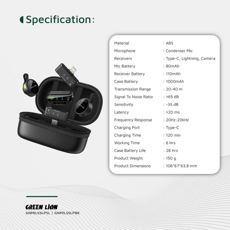 Green Lion GM-85X 3-in-1 Wireless Microphone with 360° Omnidirectional, Type-C and Camera and Lightning Devices, Reverb Mode, 20-40m Transmission Range, 6 Hours Working Time, 28 Hours Case Battery Life, Type-C Charging Port, 120 Minutes Charging Time, LED Display - Black