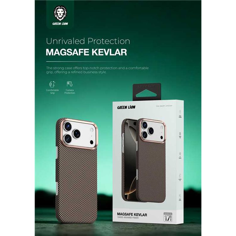Green Lion Magsafe Kevlar Case for iPhone 17 Pro Max, Comfortable Grip, Aluminum Alloy Guard, Drop Protection, Lightweight Design, Ultra-Slim - Black / Gold