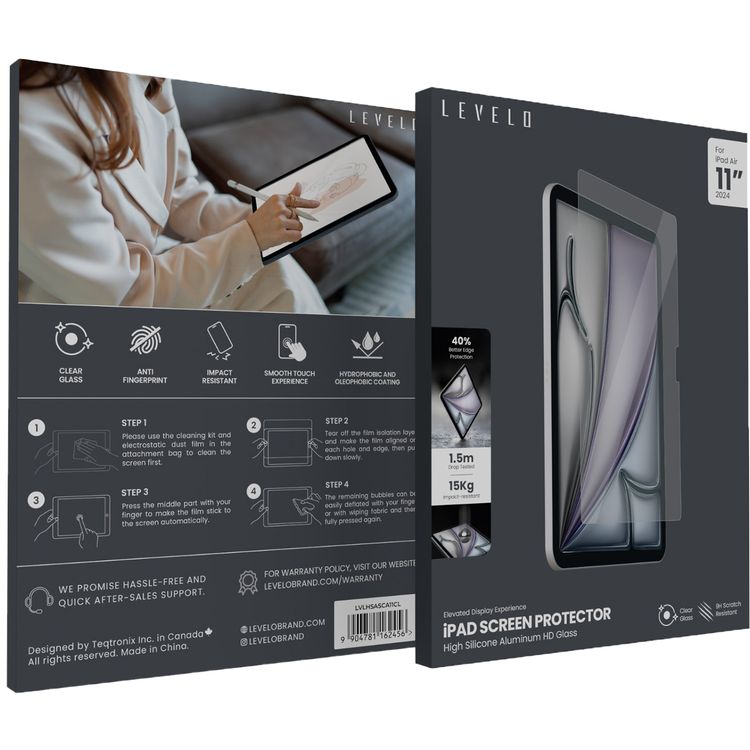 Levelo High Silicone Aluminum Glass HD Screen Protector for iPad Air 11" 2024, Scratch Resistance, Touch Sensitivity, Hydrophobic & Oleophobic Coating - Clear 