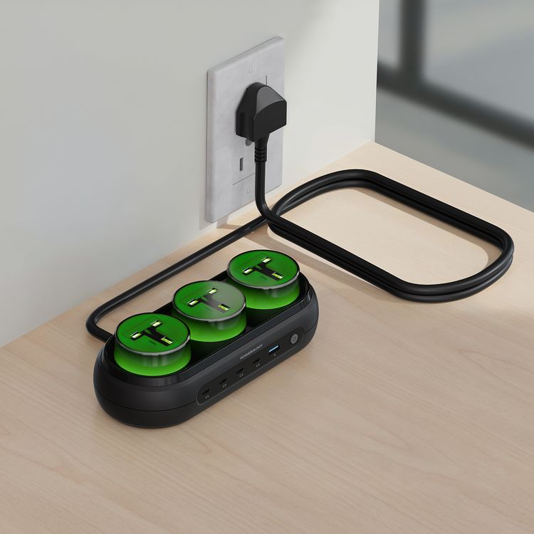 Powerology Holix GaN Multi-Port Power Station with PD 140W, High-Powered GaN Technology, Multi-Device Charging, Triple AC Sockets, 1.5m UK 3-Pin Power Cord - Gray