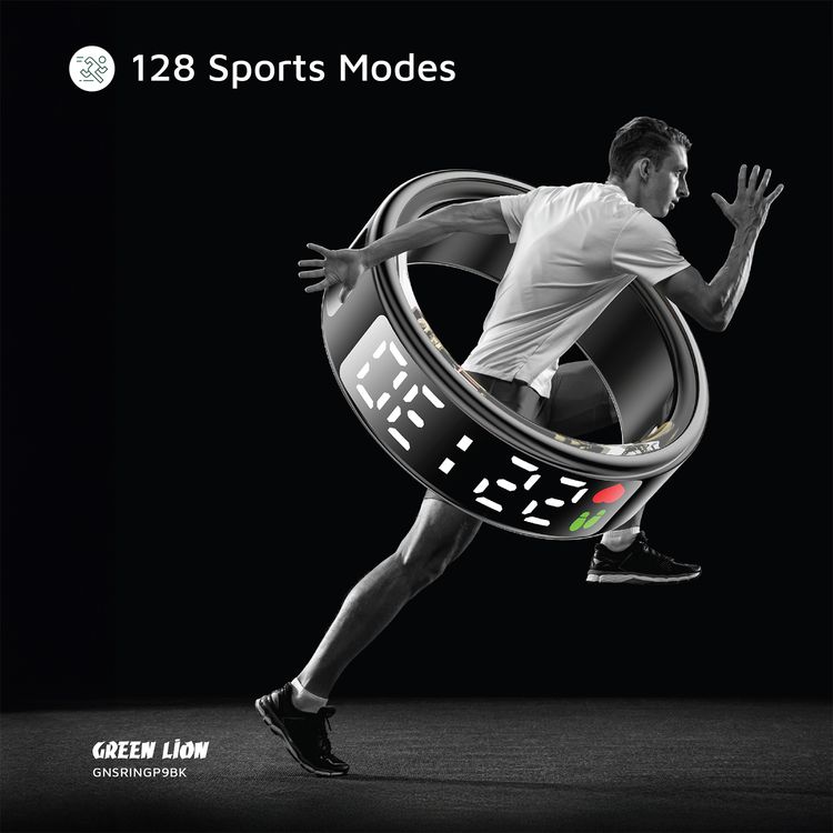 Green Lion Smart Ring Pro with Digital Display, Size 9 (18.9mm), 5.1 Bluetooth Connection, IP68 Waterproof Level, 5 ATM Dustproof Level, 128KB ROM + 96KB RAM, 10–15 Days Standby Time, Compatible with Android 9 & Above, iOS 10 & Above - Black