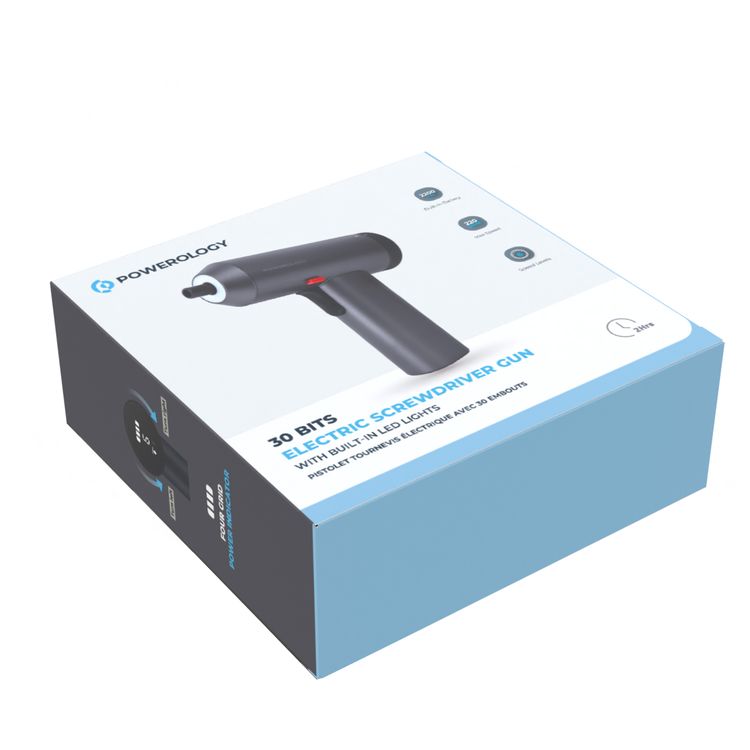 Powerology 30 Bits Electric Screwdriver Gun, 2200mAh, 6 Speed Levels, 220RPM, Charging Port, 2 Hours Working Time, 4 Grid Power Indicator - Space Gray 