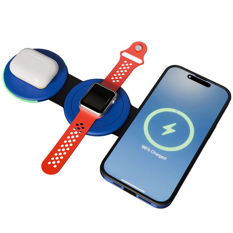 شاحن لاسلكي FC Barcelona WC-3 3 في 1 يدعم معيار Qi، بقدرة إخراج لاسلكية قصوى للهواتف الذكية تصل إلى 15 واط، وشحن متزامن، وتصميم قابل للطي، ومدخل نوع C QC بقدرة 18 واط - أزرق