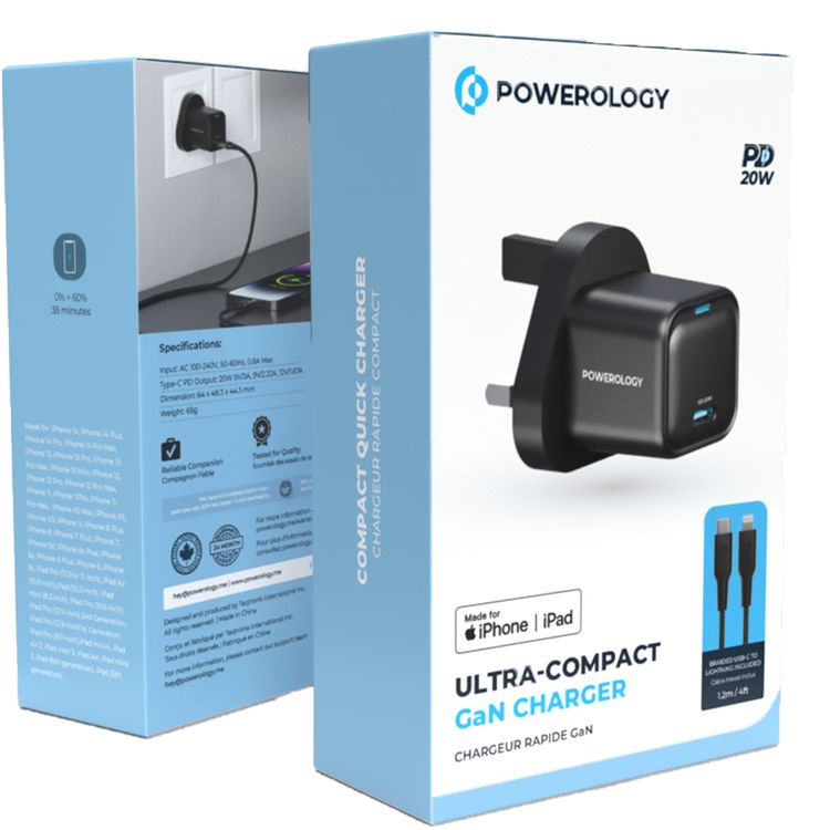 Powerology Ultra-Compact GaN Charger with USB-C to Lightning Braided Cable, 20W Power Delivery, Lightweight & Compact Design - Black