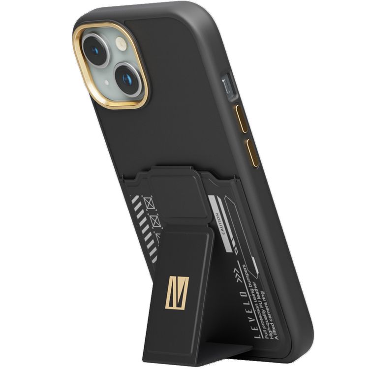 Levelo Morphix Cuero Gripstand Case for iPhone 15 Plus with Cardholder, Multi-Positioning Modes, PU Leather Material, Shock-Proof Edges - Black