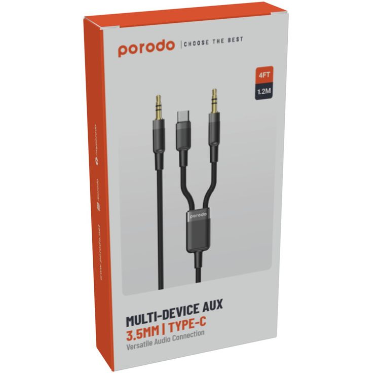 Porodo Multi-Device AUX Cable with AUX to 3.5mm Jack & USB-C Connectivity, 1.2m Cable Length, 15000+ Bends Lifetime, Tangle-Free Design - Black