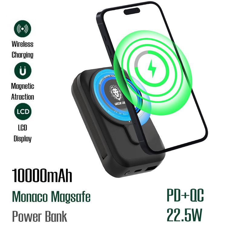 Green Lion Monaco MagSafe 10000mAh Power Bank with Built-in Lightning Cable, Wireless Charging Compatibility, 22.5W PD & QC Output, 15W Wireless Output, LCD Display - Black
