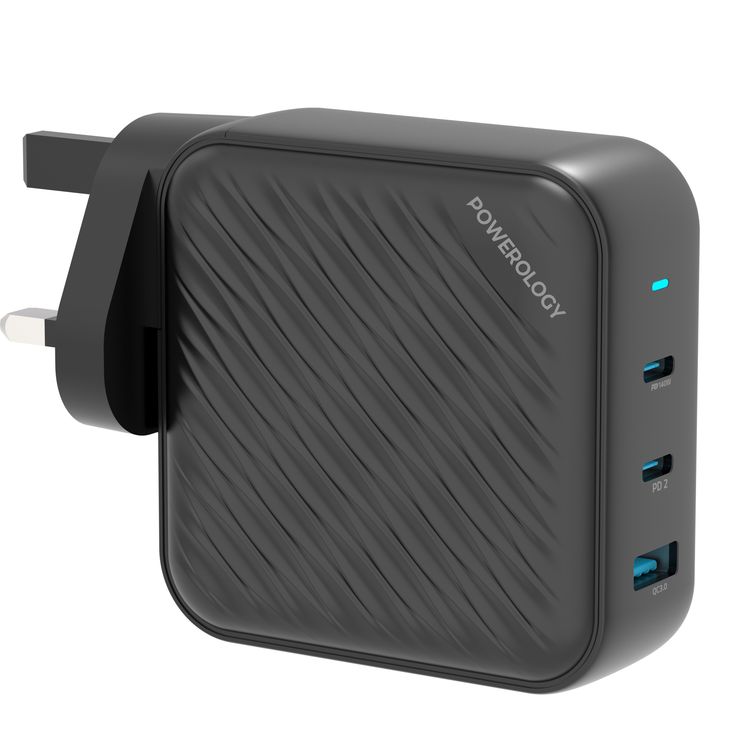 Powerology Black 140W PD QC 2xUSB-C and 1xUSB-A GaN Charger UK