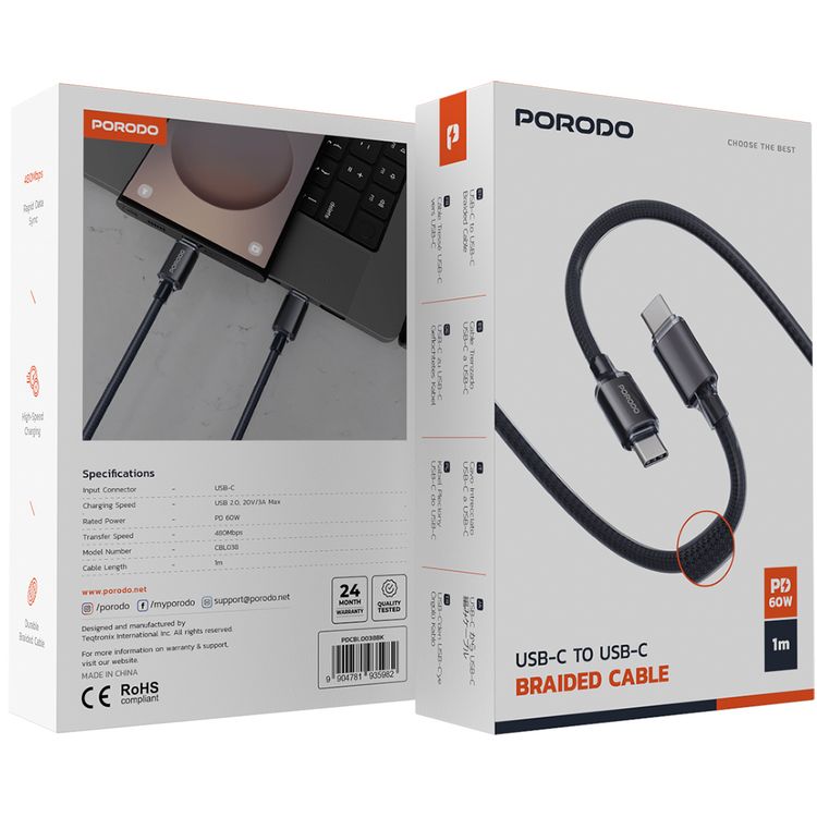 Porodo USB-C to USB-C Braided Cable with 60W Power Delivery, 1m Cable Length, Fast Charge & Data Transfer, Tangle-Free Design, 480Mbps Data Transfer Rate - Black