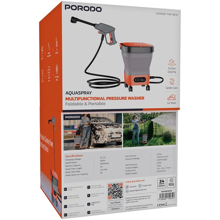 Porodo Aquaspray Multifunctional Pressure Washer with Foam Dispenser, 3m Water Pipe Length, 260W Rated Power, 15L Water Reservoir Capacity, 3000mAh Battery, Easy Transport Wheels, Foldable & Portable Design - Orange