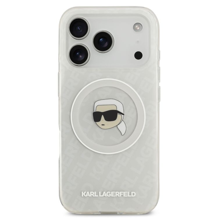 غطاء Karl Lagerfeld MagSafe IML Glitter & KL Repeated مع رأس كارل لجهاز iPhone 17 Pro، ذو تصميم نحيف، حماية من السقوط، سهل التركيب، تعبئة مستدامة، قبضة مريحة، تصميم خفيف الوزن - أبيض