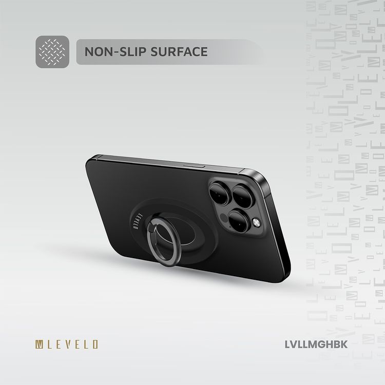 Levelo Lucero 2-in-1 Phone Ring Holder with N52 Magnets, Non-Slip Surface, 135° Flip Design, Comfortable Grip, 4000GS Magnetic Force - Black