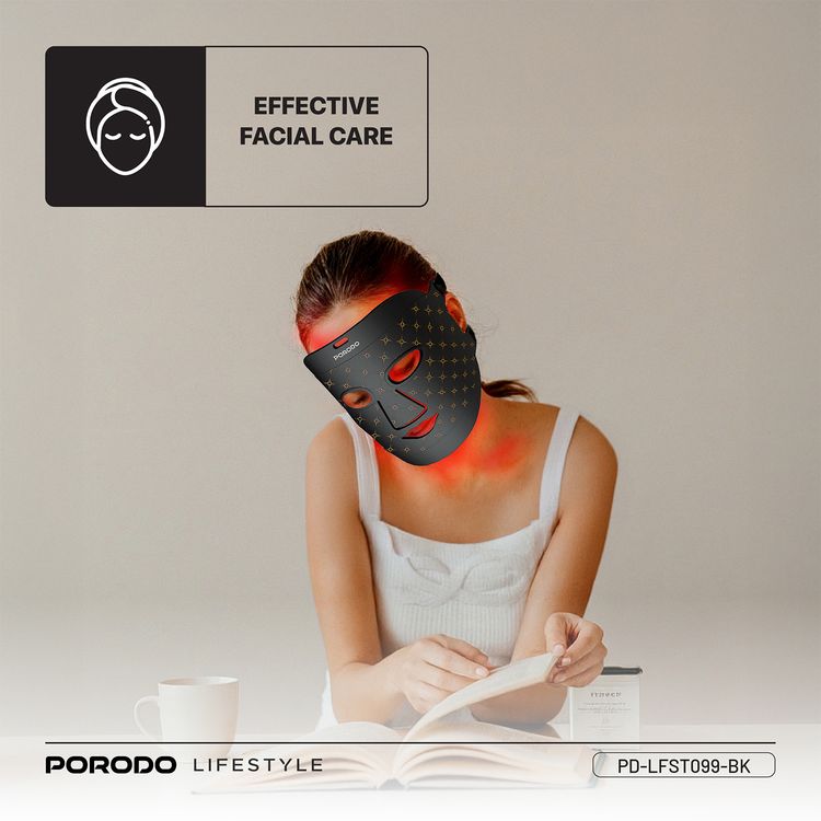 Porodo Lifestyle Red Light Therapy Face Mask with Portable Battery Connection, Type-C Charging Cable, 1000mAh Battery Capacity, 7-Color Light Therapy - Black