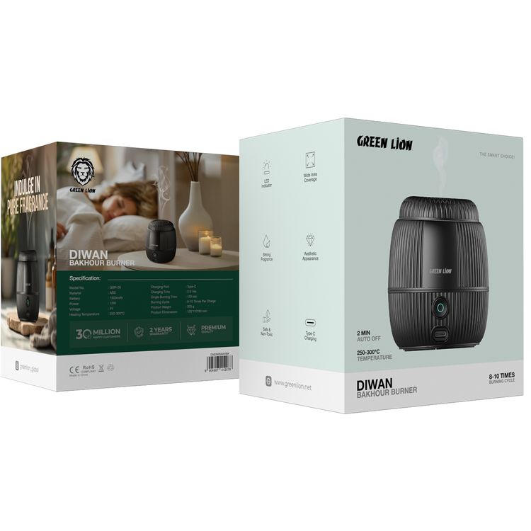 Green Lion Diwan Bakhour Burner with LED Indicator, 120 Seconds Single Burning Time, Up to 10 Burning Cycles Per Charge, Wide Area Coverage, Aesthetic Appearance, Safe & Non-Toxic, Auto-Off Function - Black